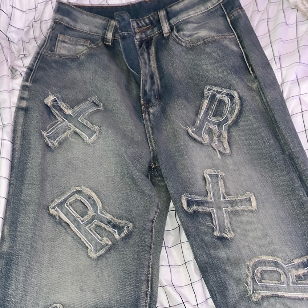 💋✨Very nice Distressed Denim Jeans with Letter Patches NEVER WORN💋✨